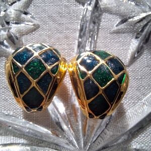 VTG Enamel Clip On Earrings Harlequin Diamonds Green Blue Gold 80s Statement